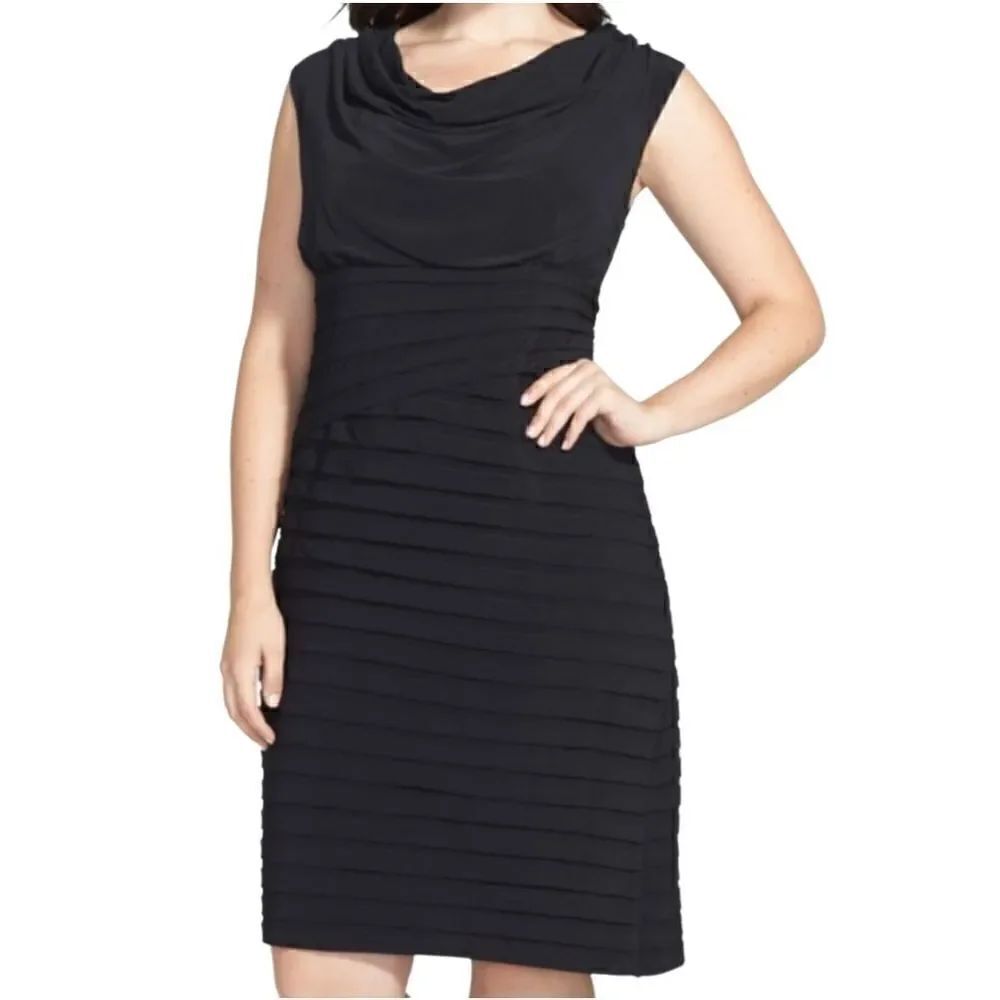 Adrianna Papell black cowl neck shutter pleat dress size 6